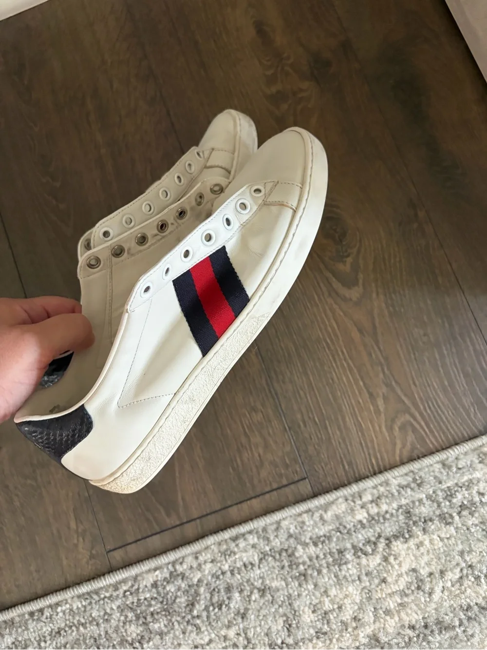 Gucci White Leather Sneaker with Navy & Red Stripe-will include laces